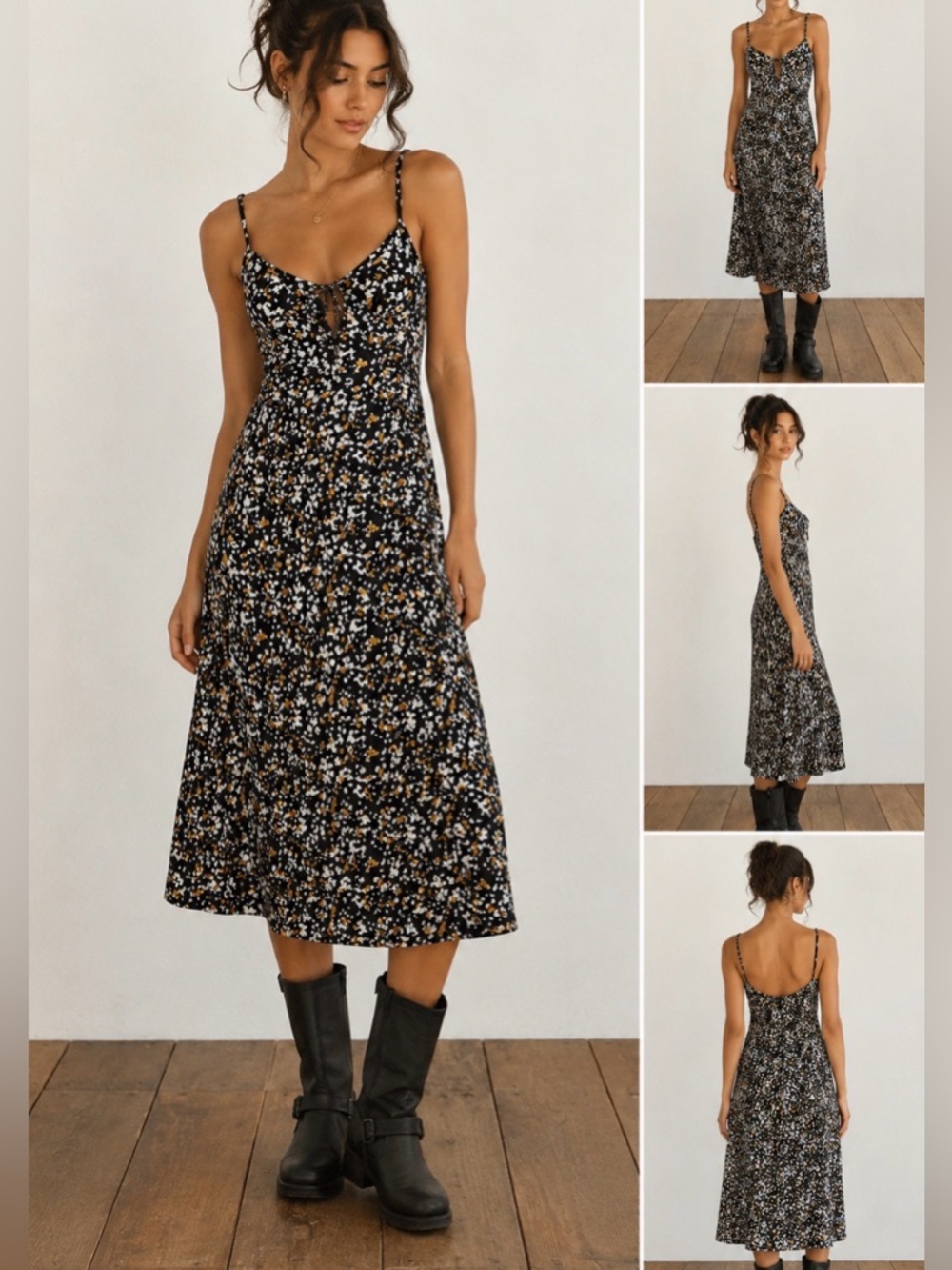 Urban Outfitters Black Abstract Floral Midi Dress Women XS Tie Front Slip Dress